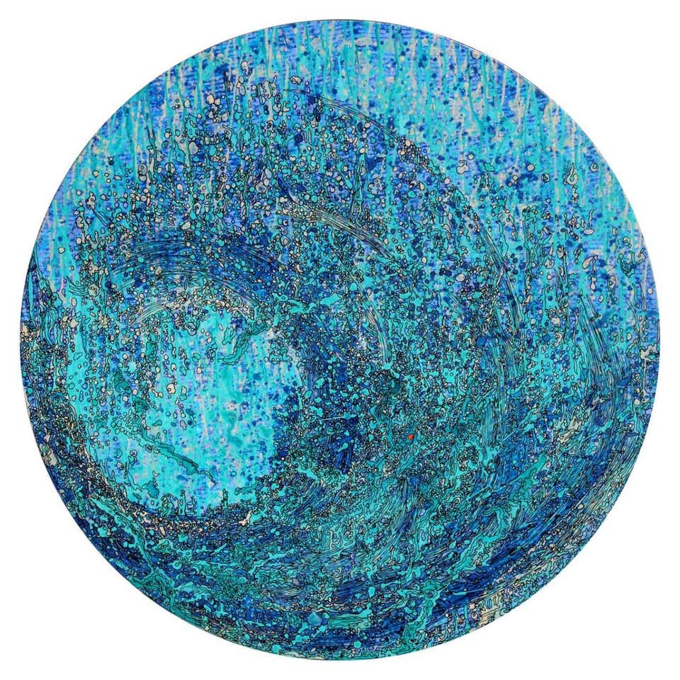 Jal, Round Painting, Acrylic, Ink on canvas, Gold & Silver leaf, Blue "In Stock"