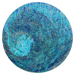 Jal, Pintura redonda, Acrílico, Tinta sobre lienzo, Pan de oro y plata, Azul "En Stock"