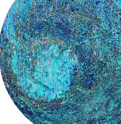 Jal, Pintura redonda, Acrílico, Tinta sobre lienzo, Pan de oro y plata, Azul "En Stock"