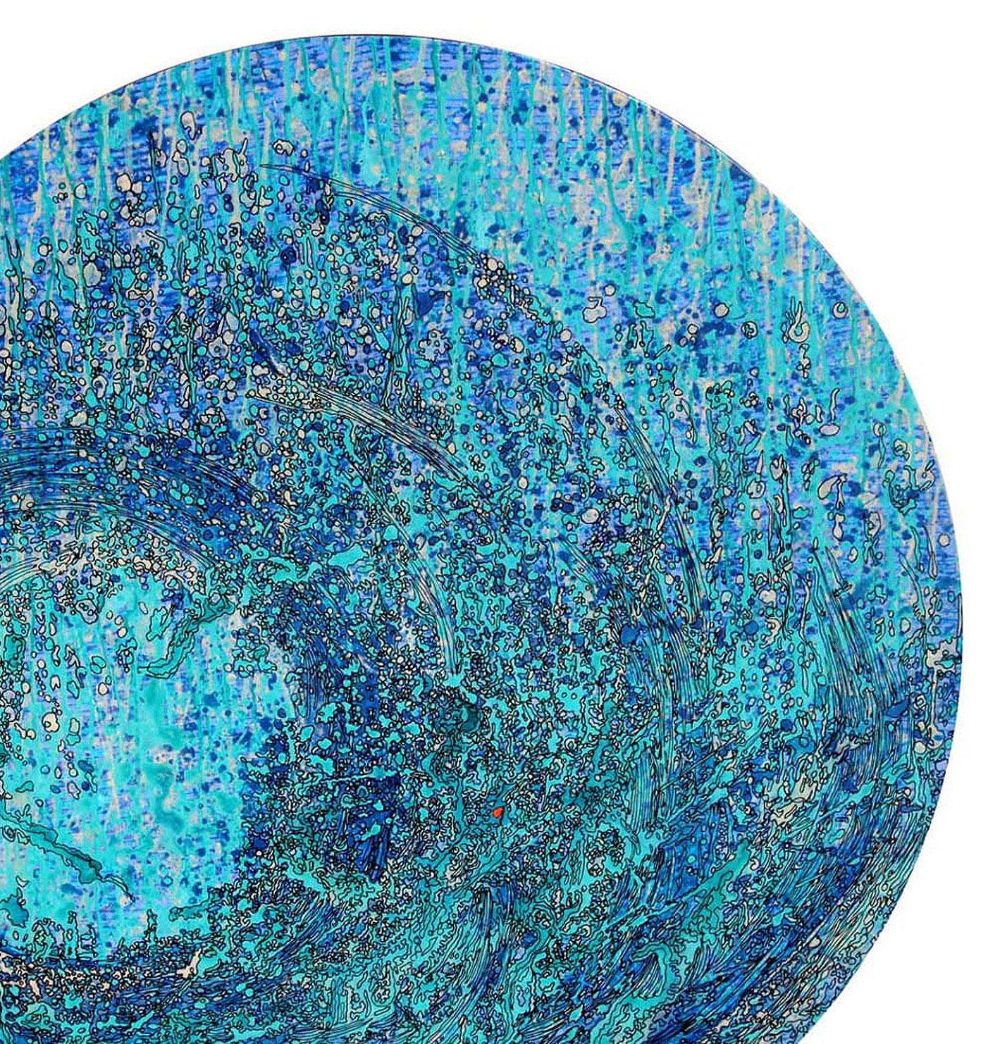 Peinture ronde Jal, acrylique, encre sur toile, feuille d'or et d'argent, bleu « en stock » - Or Still-Life Painting par Seema Kohli