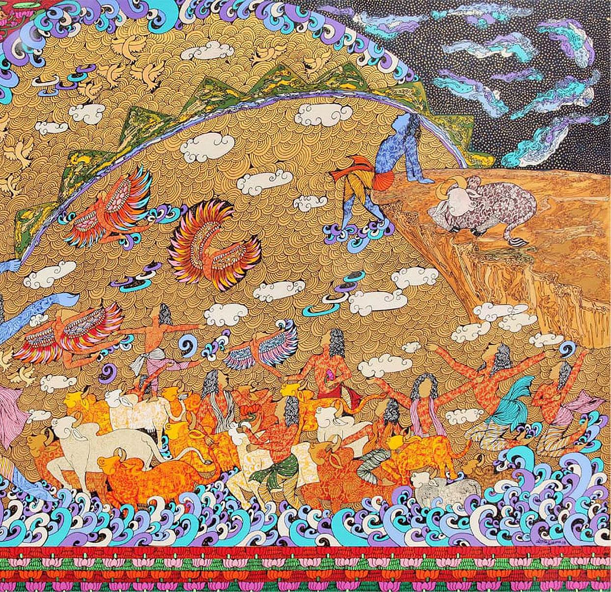 Seema Kohli - Krishna- Krishna Rasa - 48 x 72 Zoll (ungerahmtes Format)
Acryl und Tinte auf Leinwand mit 24 Karat Blattgold und Silber
Einschließlich der Lieferung in hängefertiger Form.

Seema Kohlis Werke offenbaren eine Behauptung weiblicher
