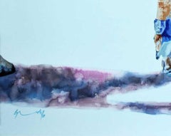 Journey's, Vaca, Pintura de animales, Acuarela sobre papel, Rojo, Azul, Violeta "En Stock"