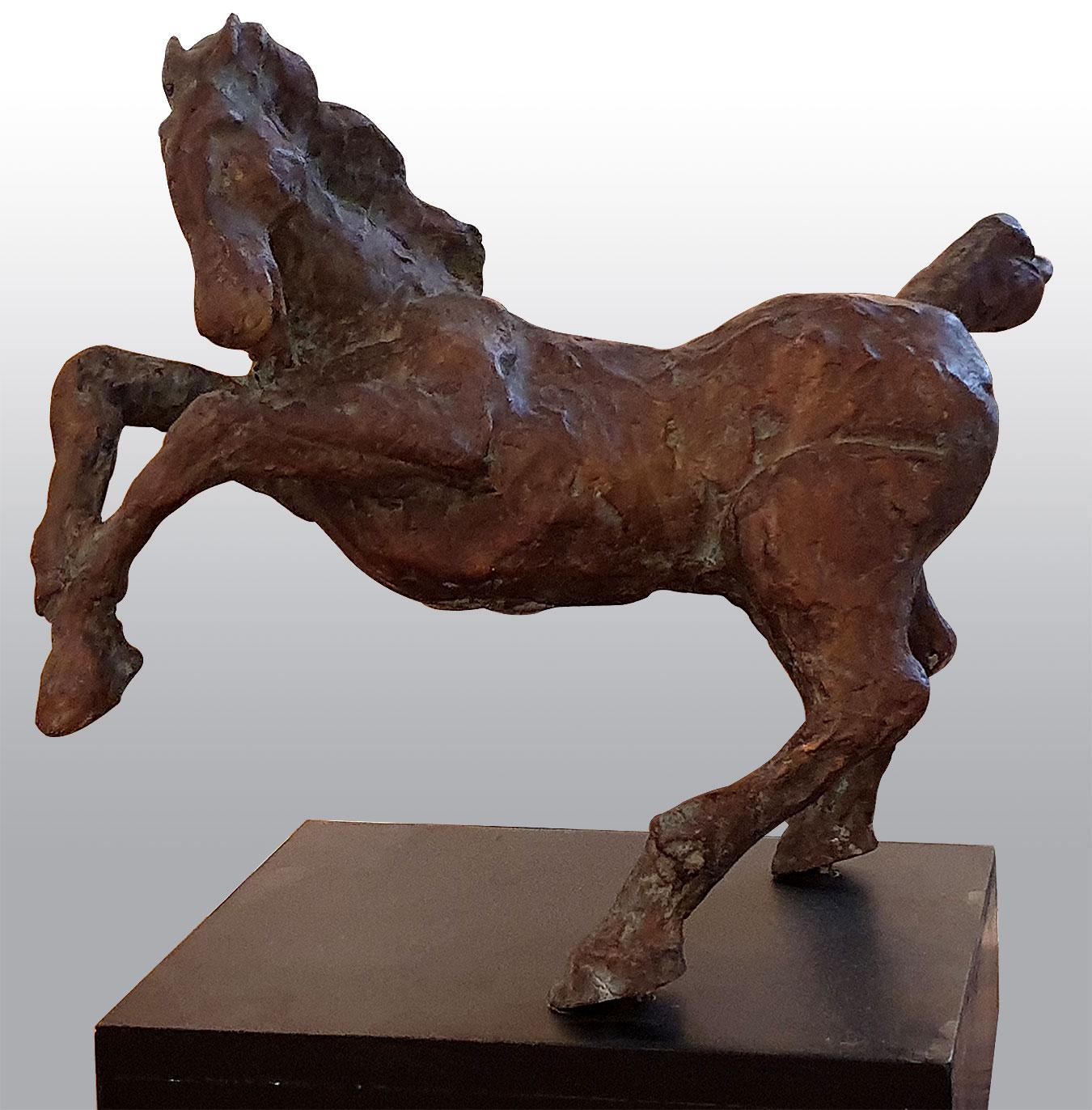 Chandra Shekhar Das Figurative Sculpture - Galloping Horse, Bronze Brown Green Sculpture " In Stock"