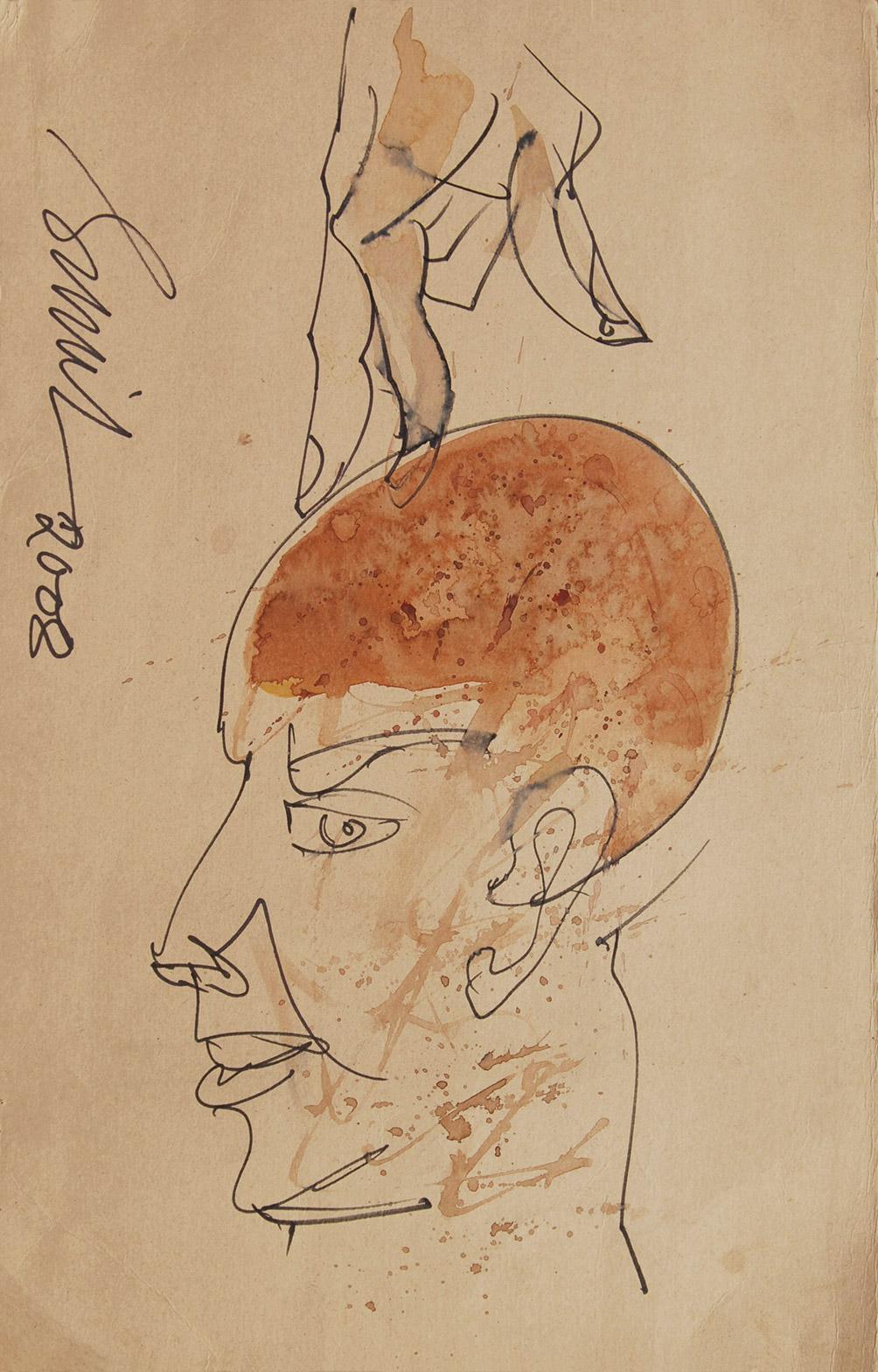 Testa, inchiostro e acquerello su carta dell'artista indiano Sunil Das "In stock"
