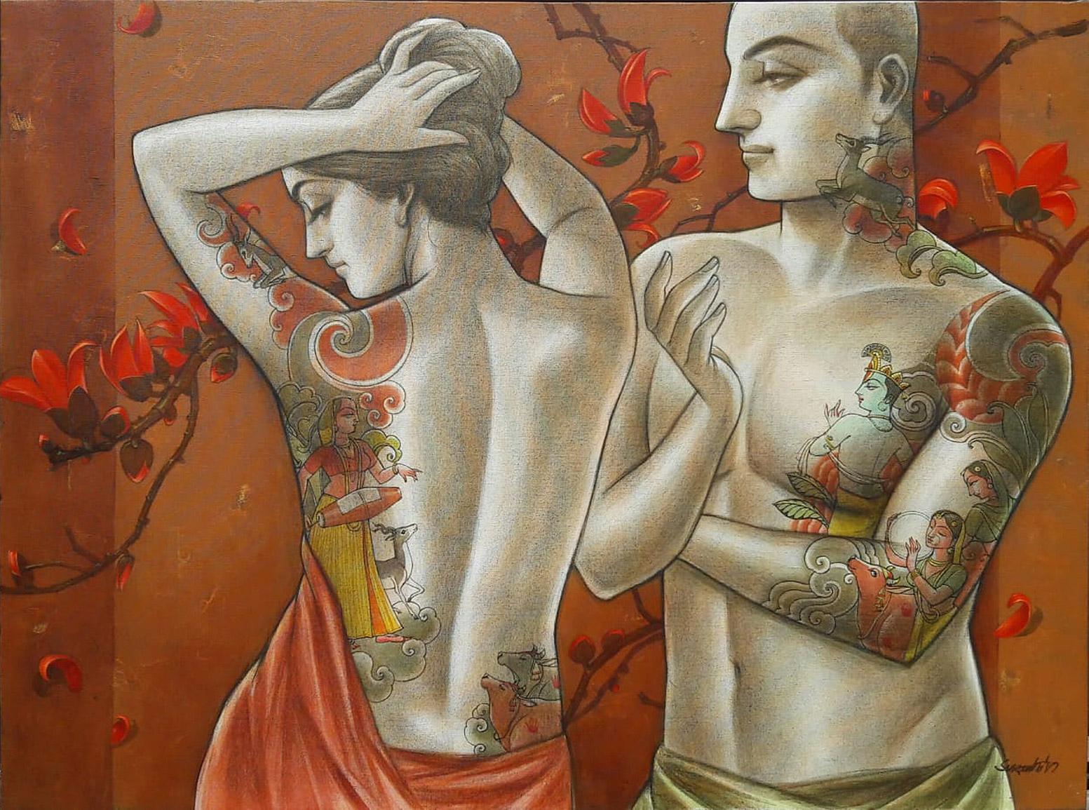 Sukanta Das Figurative Painting - Sensuality, Couple, Bengal Art , Figurative, Canvas, Indian Mythology"In Stock"