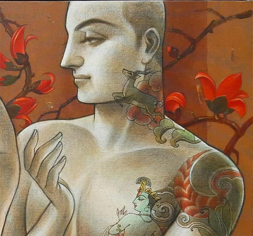 Sensualidad, Pareja, Arte Bengalí , Figurativo, Lienzo, Mitología India 