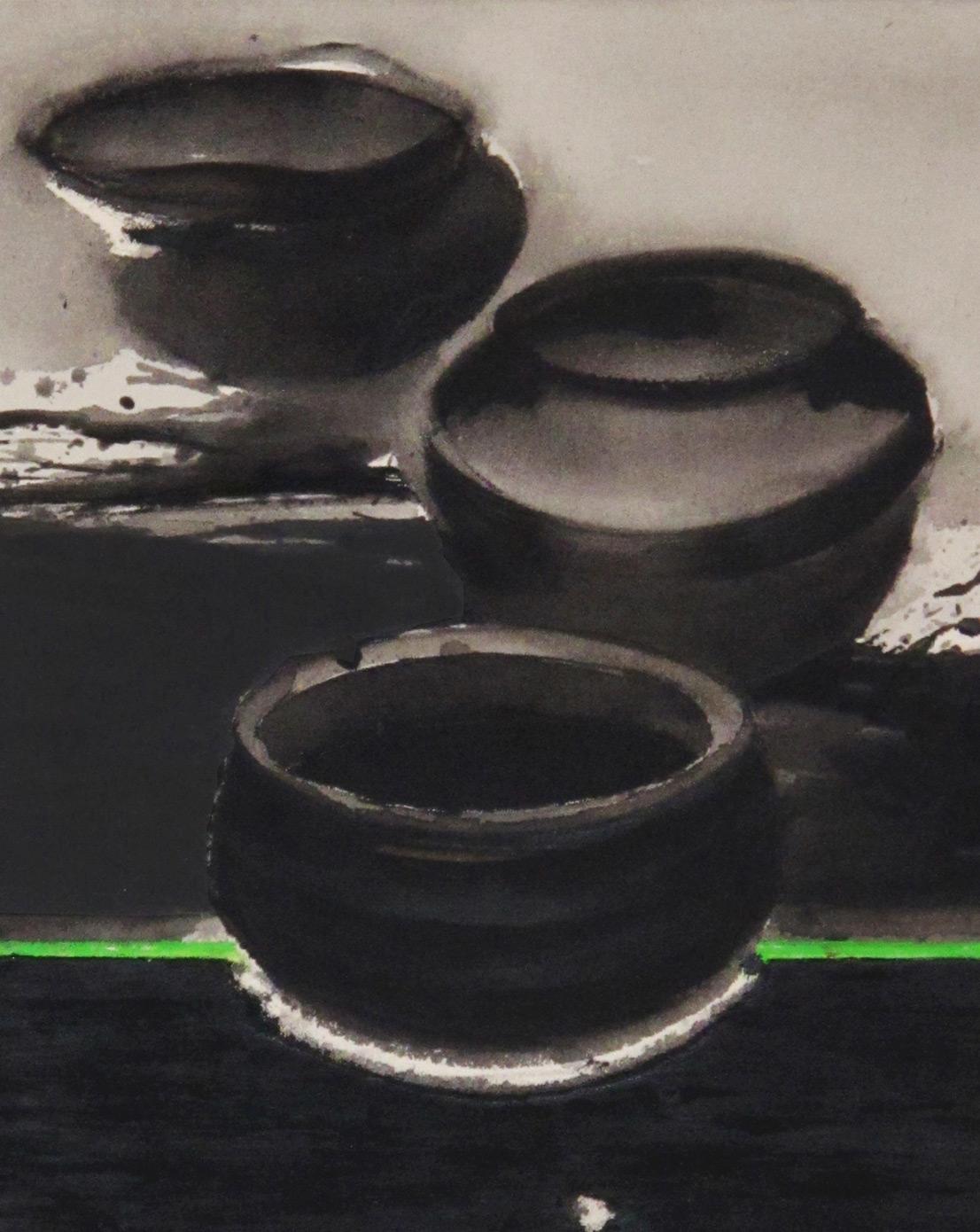 Pots, Contain Universe Acrylic Pigment on Canvas, Black, Green, Grey 