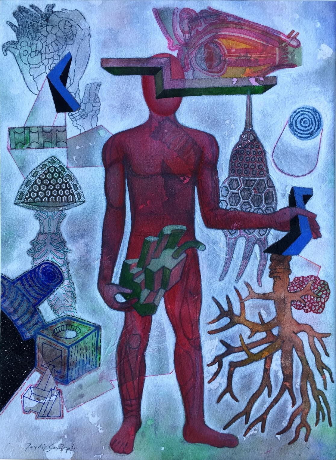 Figurative Painting di Joydip Sengupta - La reclusa, Acquerello, Acrilico su carta, Marrone, Artista contemporaneo "In stock"