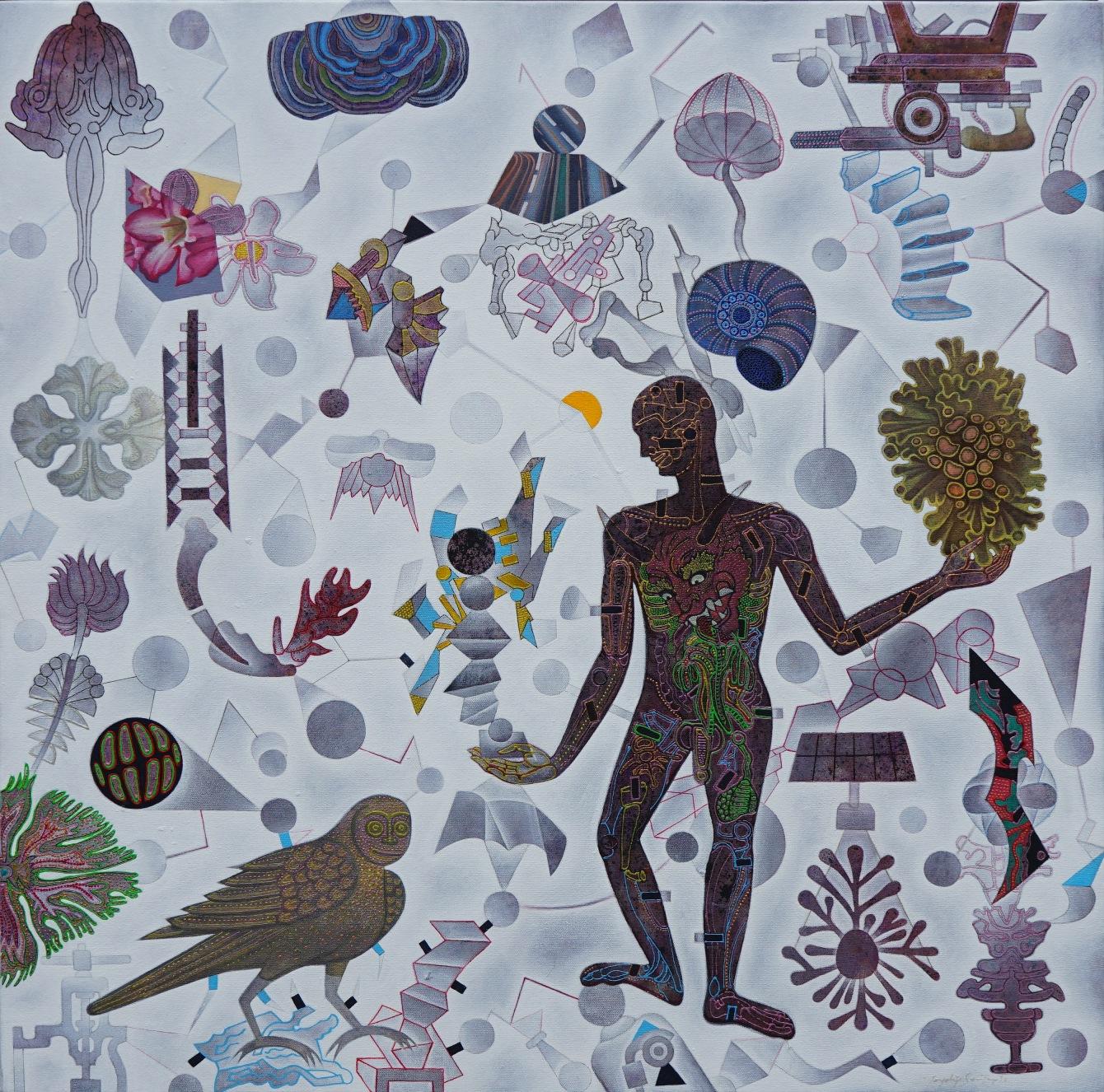 Figurative Painting di Joydip Sengupta - The Odds, Acrilico su tela, Marrone, Blu, Verde, Artista contemporaneo "In Stock"
