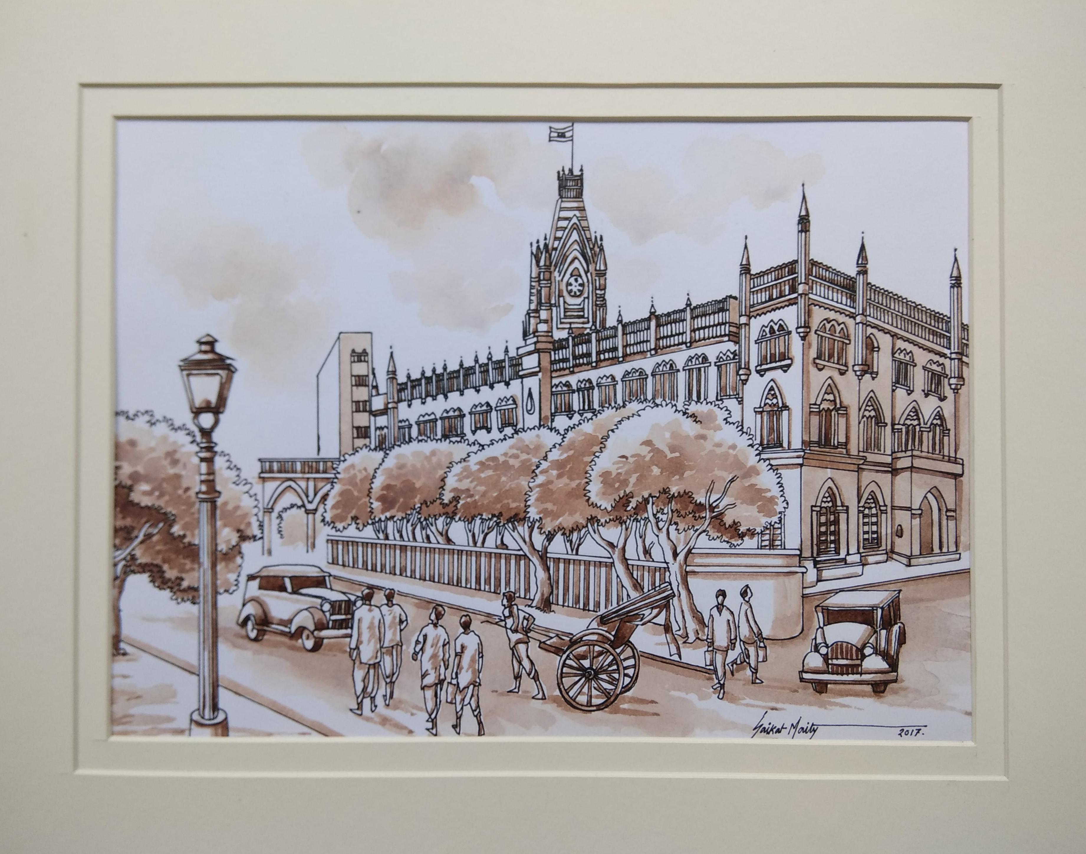 Altes Gemälde von Kolkata, Heritage City, Aquarell des indischen Künstlers „ “auf Lager“