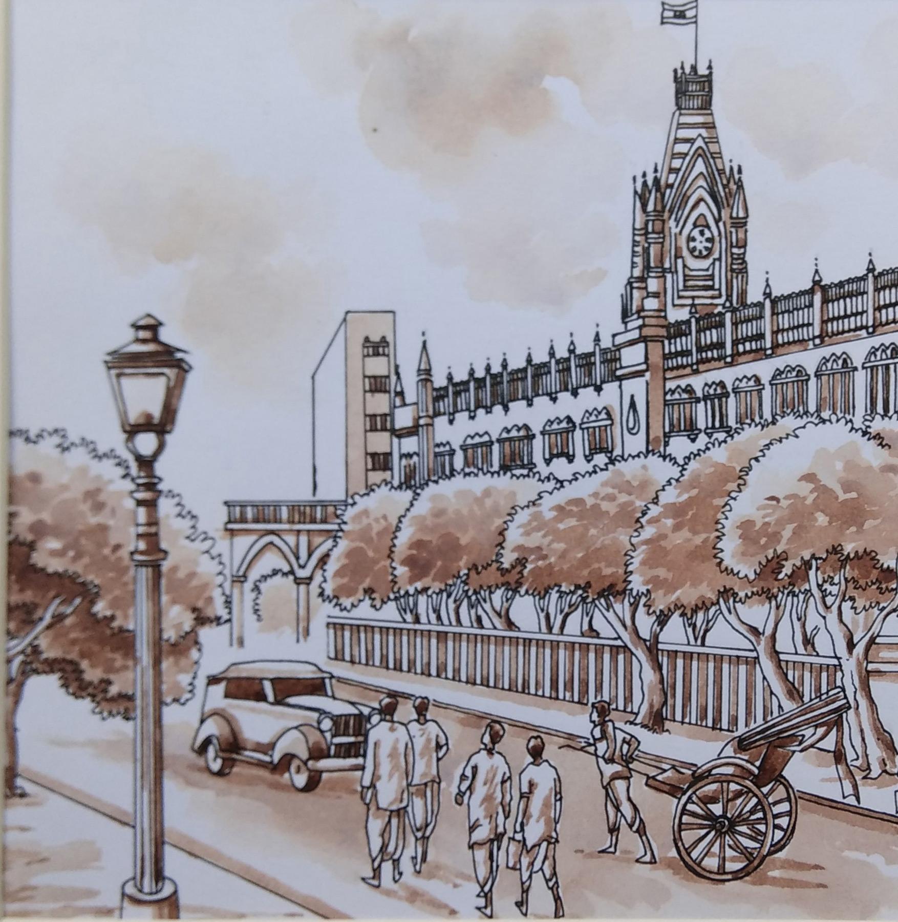 Altes Gemälde von Kolkata, Heritage City, Aquarell des indischen Künstlers „ “auf Lager“ (Grau), Figurative Art, von Saikat Maity