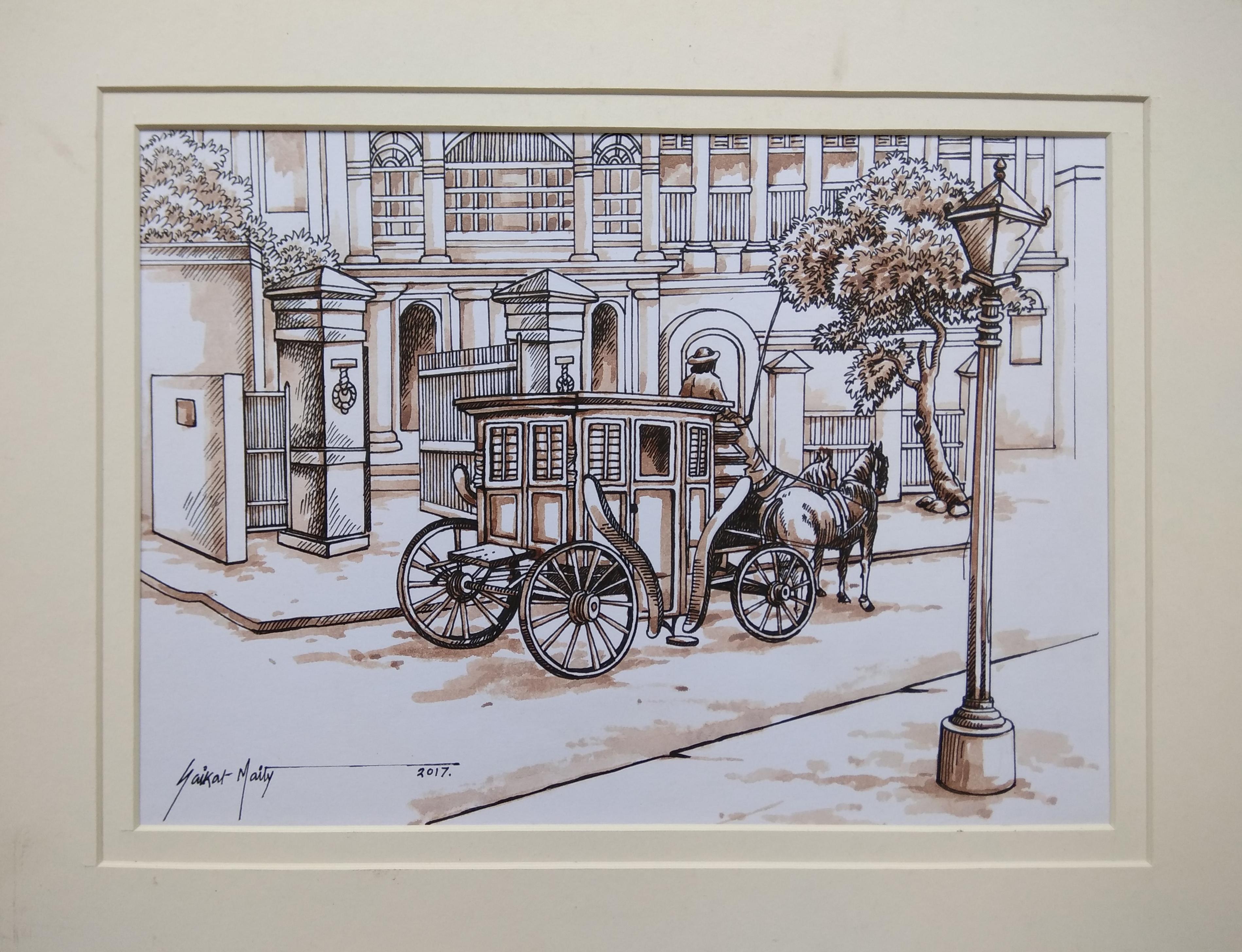 Old Colonial Kolkata , Horse-Drawn Carriage, Watercolour, Sepia "In Stock"