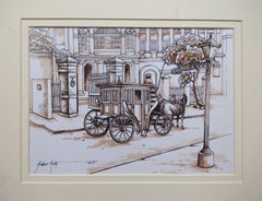Vieja Calcuta Colonial , Carruaje Tirado por Caballos, Acuarela, Sepia "In Stock"