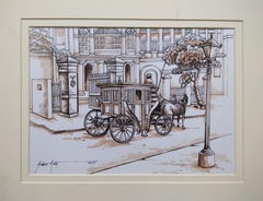 Old Colonial Kolkata , Pferdegetriebene Kutsche, Aquarell, Sepia, „Auf Lager“