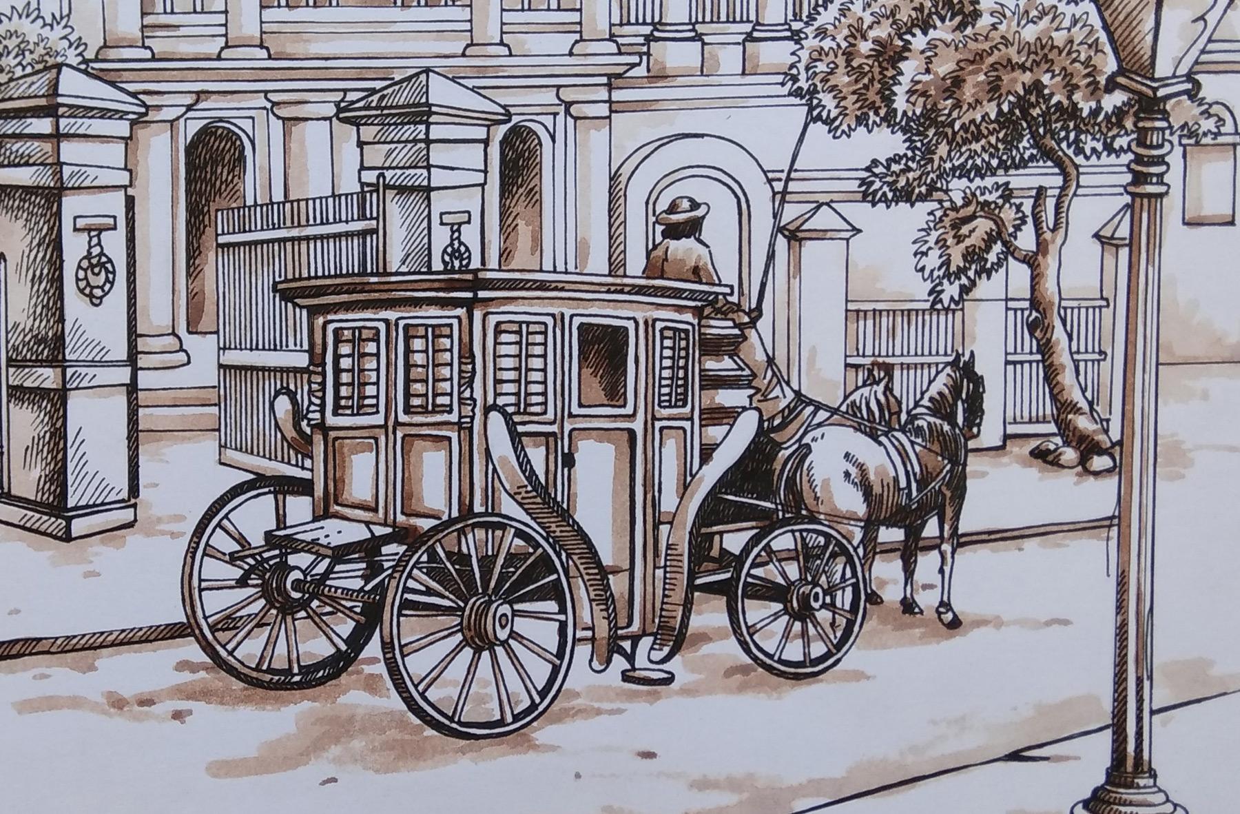 Vecchia Kolkata coloniale, carrozza trainata da cavalli, acquerello, seppia 