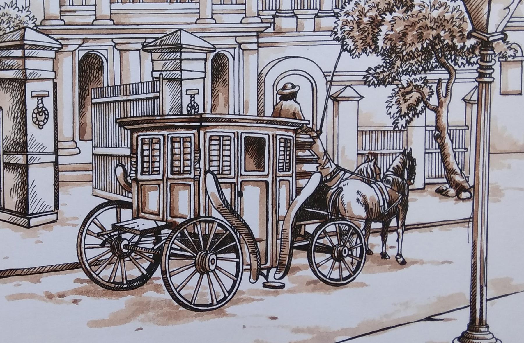 Old Colonial Kolkata , Horse-Drawn Carriage, Watercolour, Sepia 