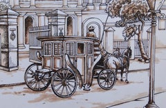 Old Colonial Kolkata , Pferdegetriebene Kutsche, Aquarell, Sepia, „Auf Lager“