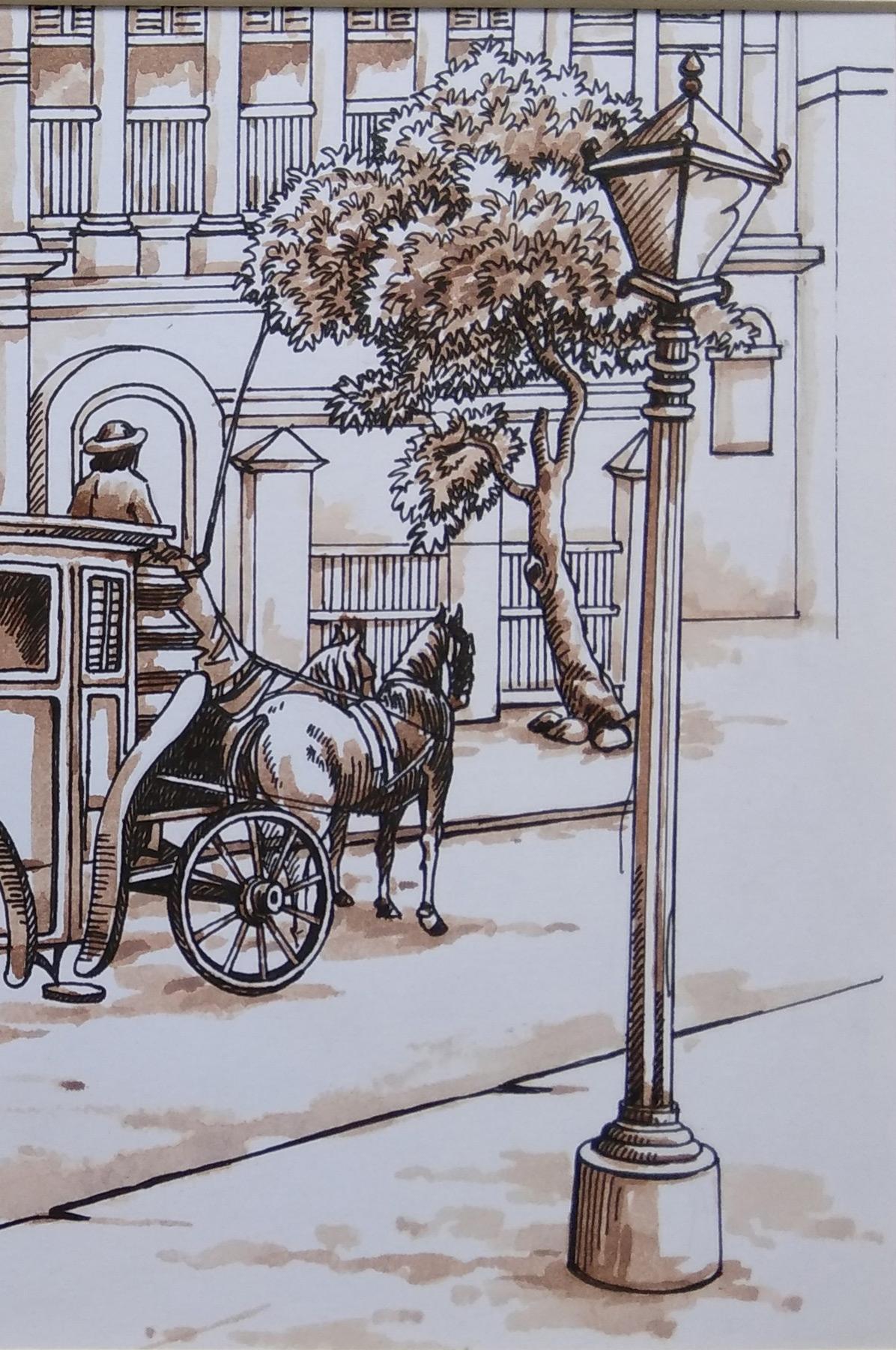 Old Colonial Kolkata , Horse-Drawn Carriage, Watercolour, Sepia 