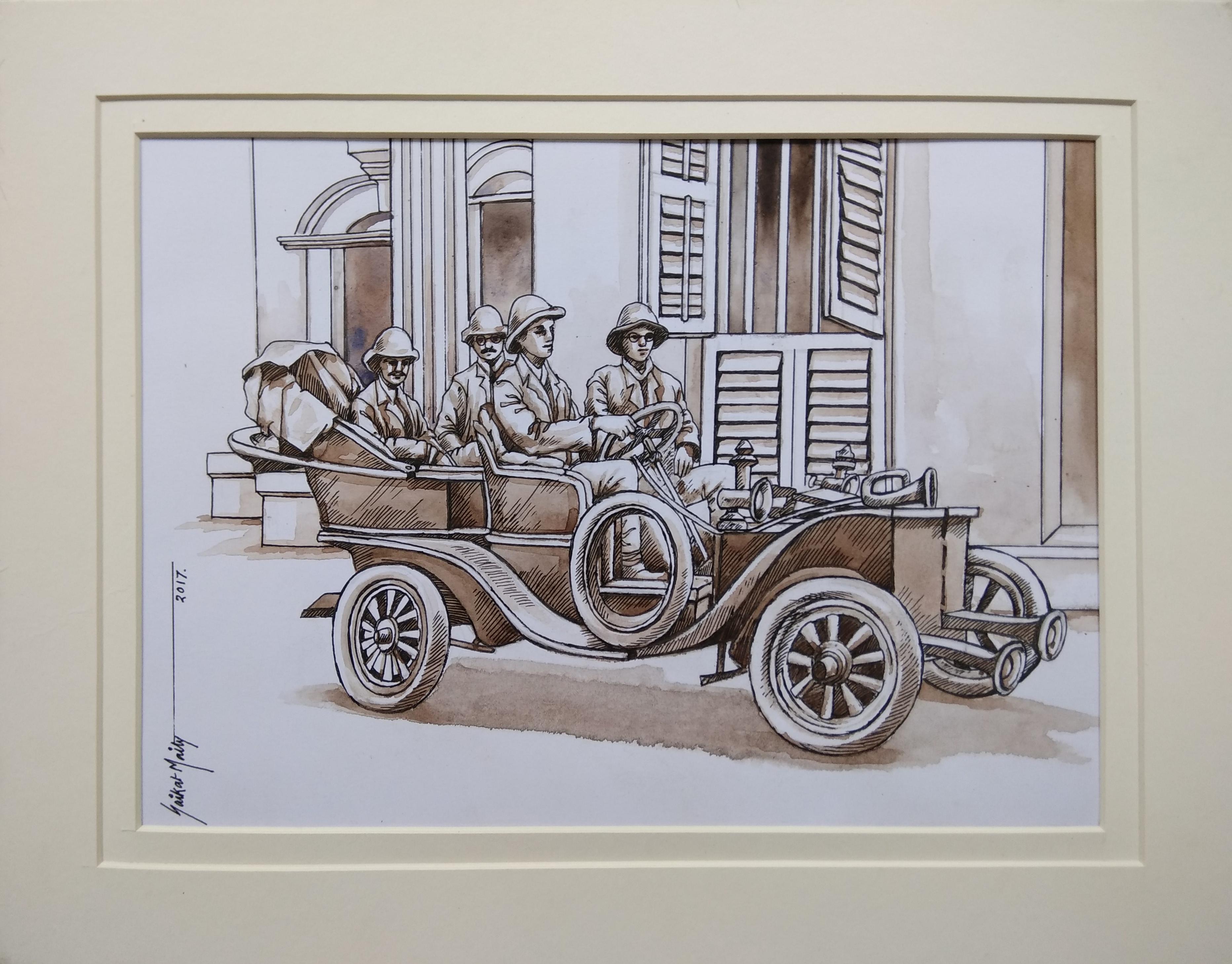 Old Kolkata Painting, British Car, Watercolour, Brown by Indian artist"In Stock"