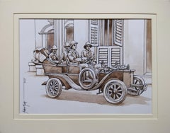 Pintura Vieja Calcuta, Coche Británico, Acuarela, Marrón por artista indio "In Stock"