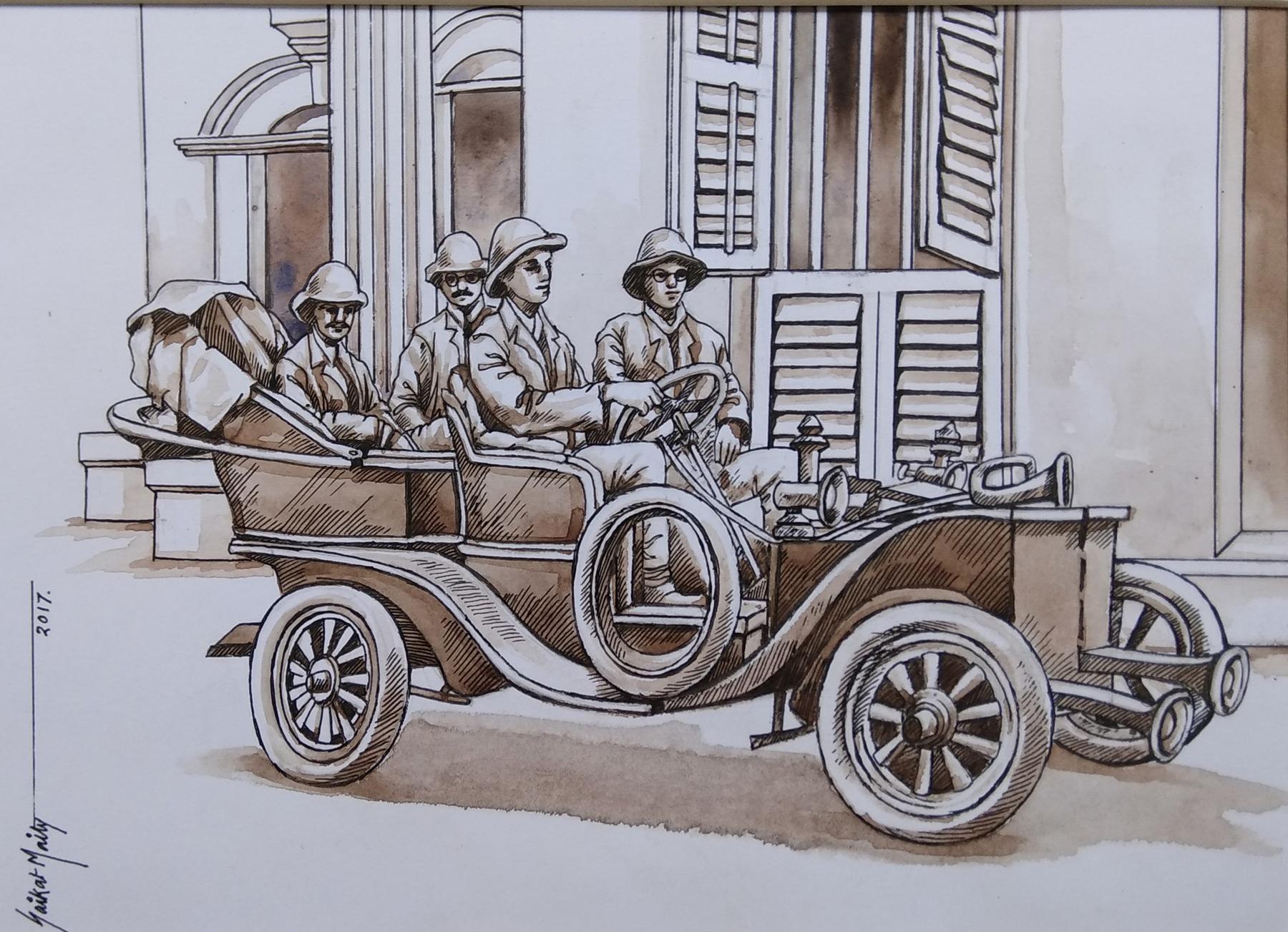 Old Kolkata Painting, British Car, Watercolour, Brown by Indian artist