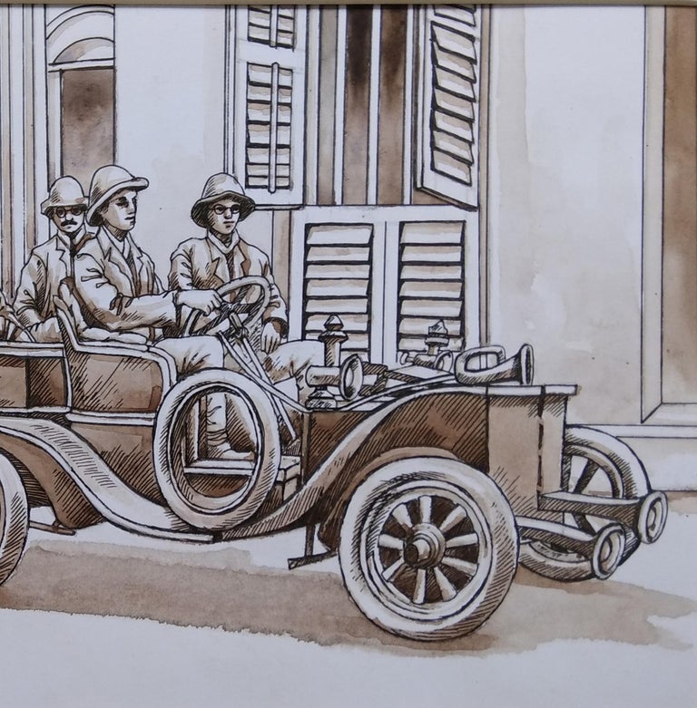 Saikat Maity Old Kolkata Painting, British Car, Watercolour, Brown by Indian artist"In Stock