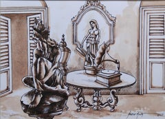 Old Kolkata, Gramophon, Aquarell, Sepia-Braun, Kolonialindien „“Auf Lager