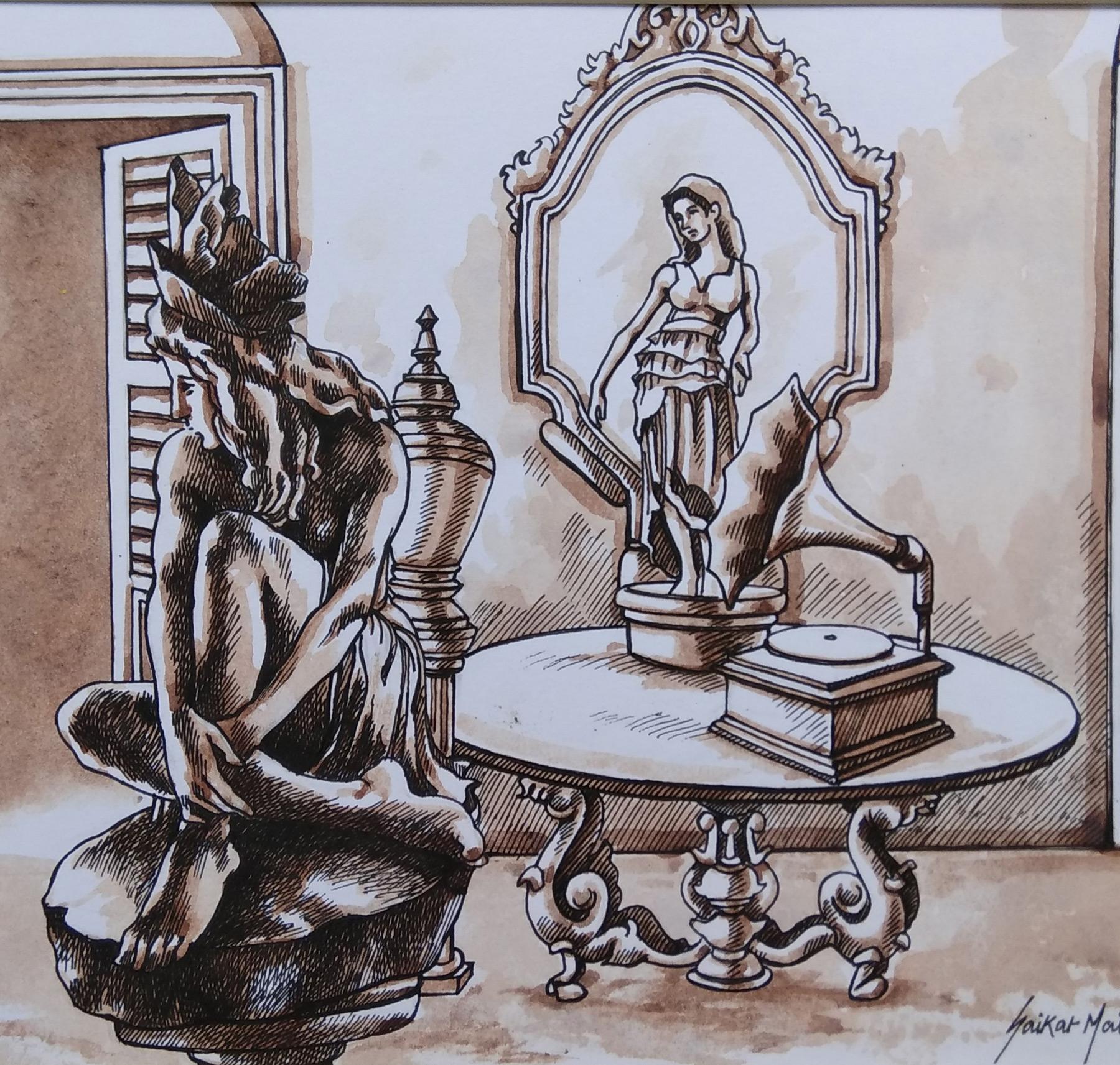 Vecchia Kolkata, grammofono, acquerello, marrone seppia, India coloniale 