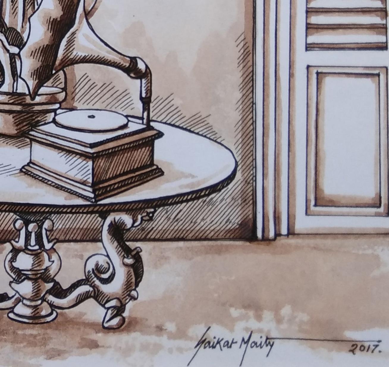 Old Kolkata, Gramophone, Watercolour, Sepia Brown, Colonial India 