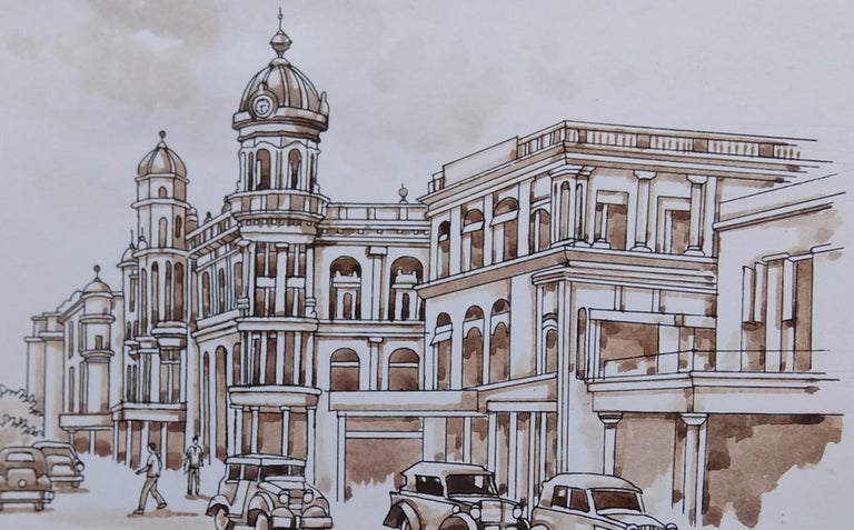Old Kolkata Painting, Heritage Building, Watercolour by Indian artist 