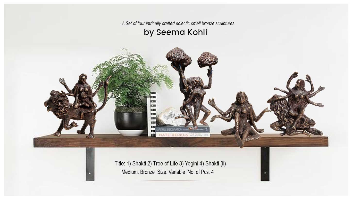 Seema Kohli Figurative Sculpture - Set of 4 Sculpture; Shakti, Yogini, Tree of Life, Indian Epics, Bronze "In Stock"