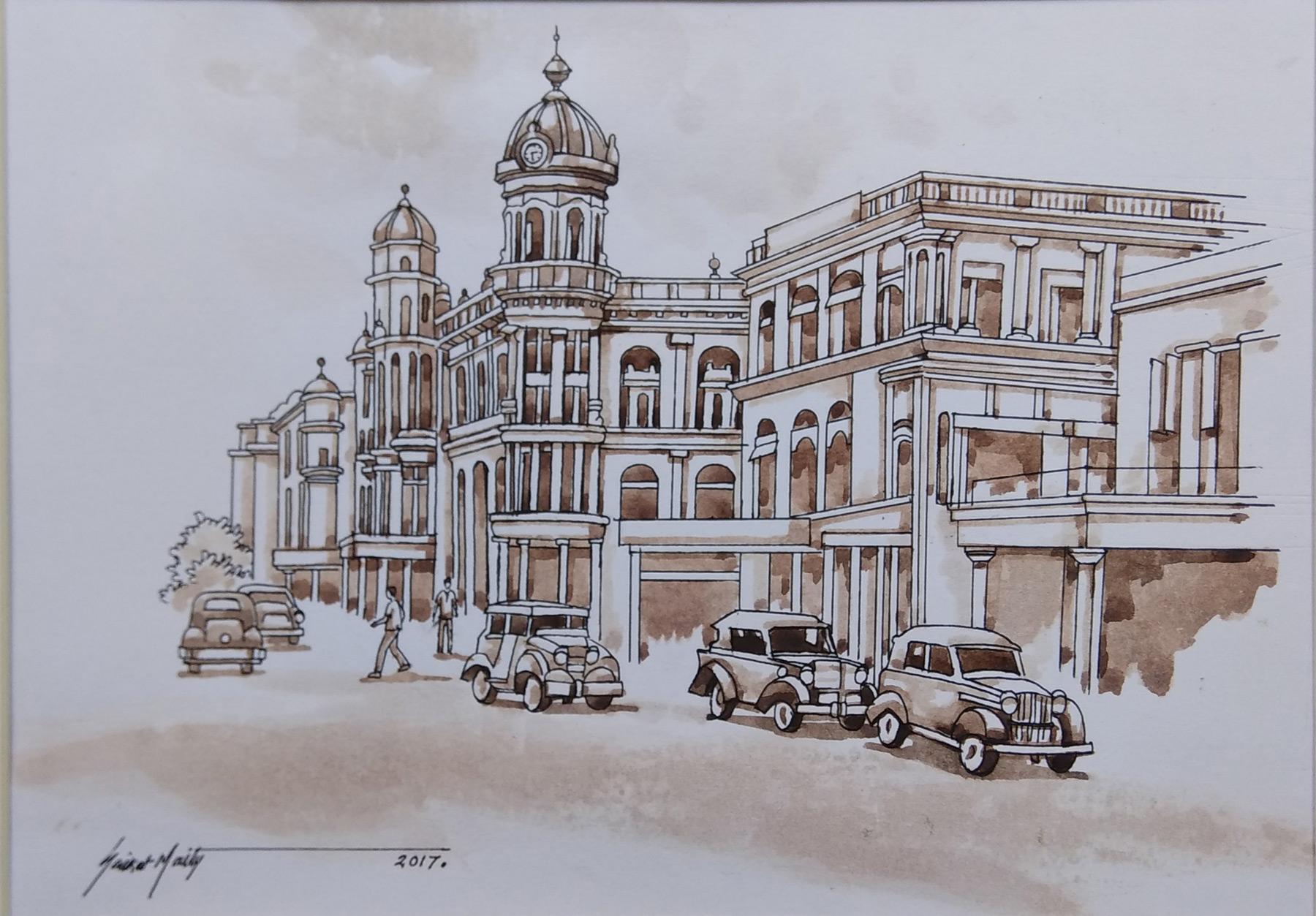 Set di 5 paesaggi urbani, acquerelli, colori seppia, Bengala coloniale, India'In magazzino' in vendita 10