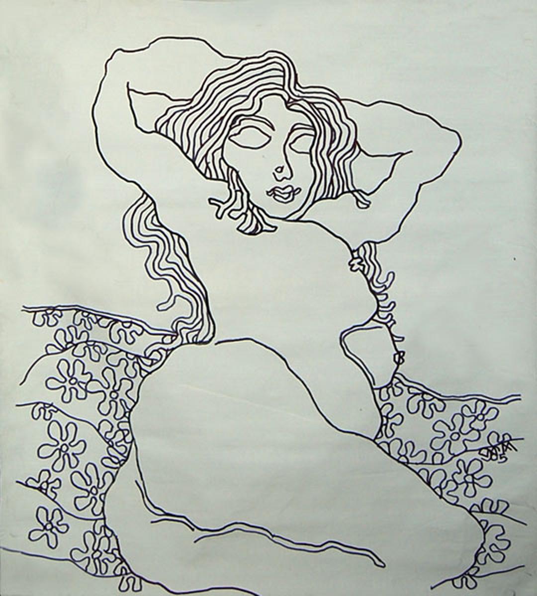 Lady with Flowers, Nude Drawing, Ink on canvas by Indian Modern Master "In Stock" - Art by Prakash Karmarkar