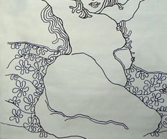 Dama con Flores, Dibujo de Desnudo, Tinta sobre lienzo por Indian Modern Mastern-In Stock