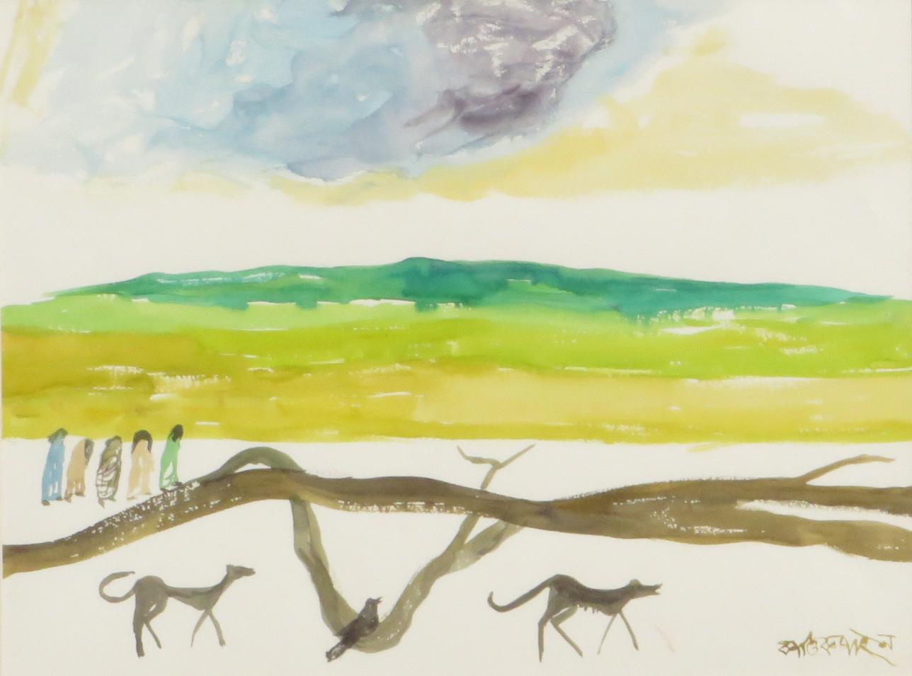 My Village, Landscape, Watercolor on Paper, Blue, Green, Brown, Yellow