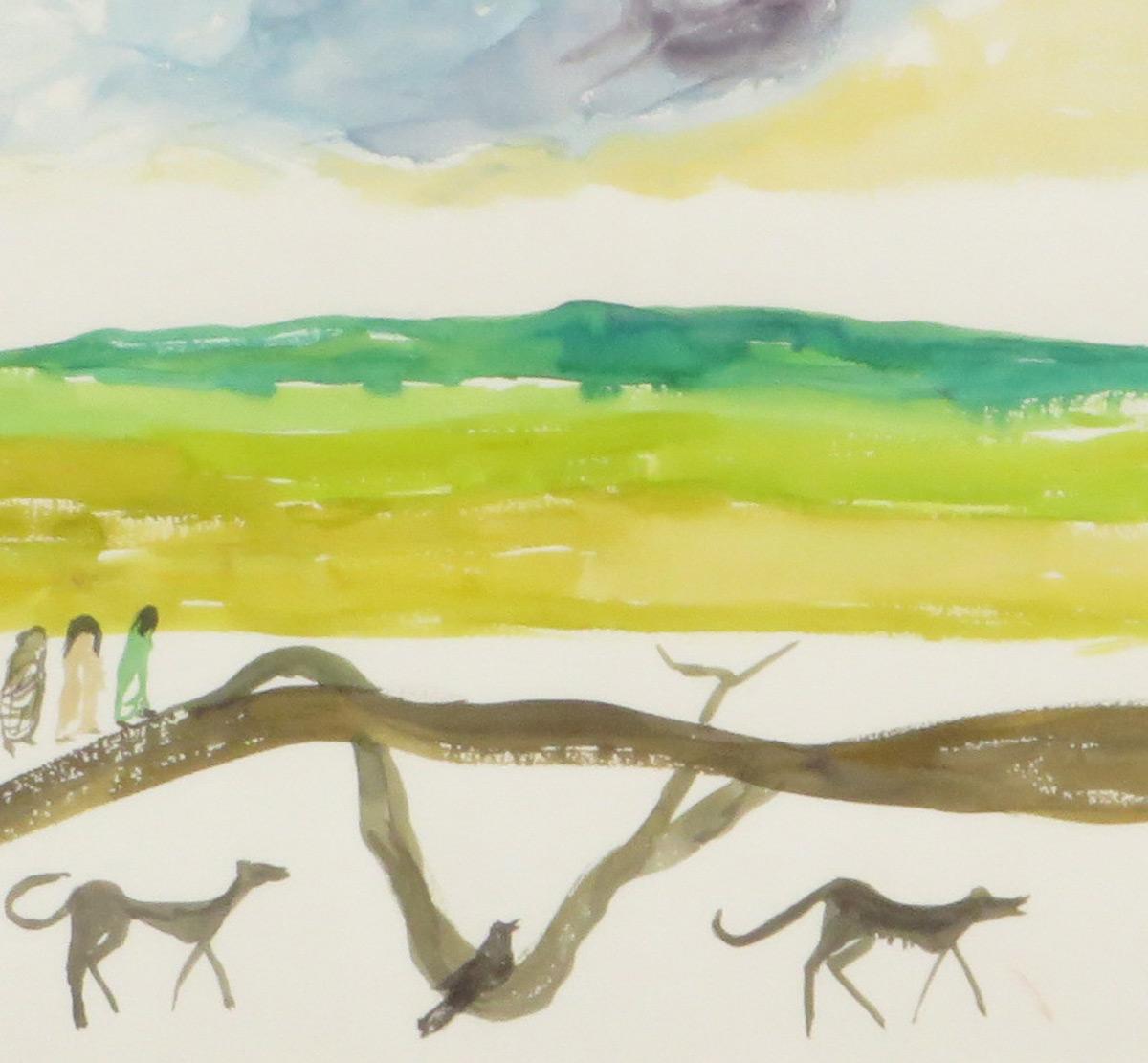 My Village, Landschaft, Aquarell auf Papier, Blau, Grün, Braun, Gelb