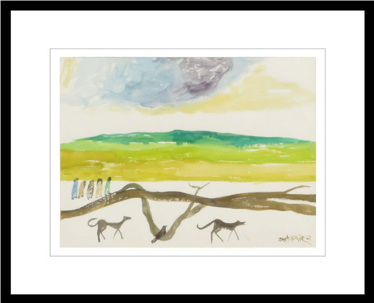My Village, Landscape, Watercolor on Paper, Blue, Green, Brown, Yellow"In Stock"