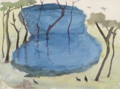 Landschaft, Bäume, Teich, Aquarell auf Papier, Blau, Grün, Braun Farben, „Auf Lager“