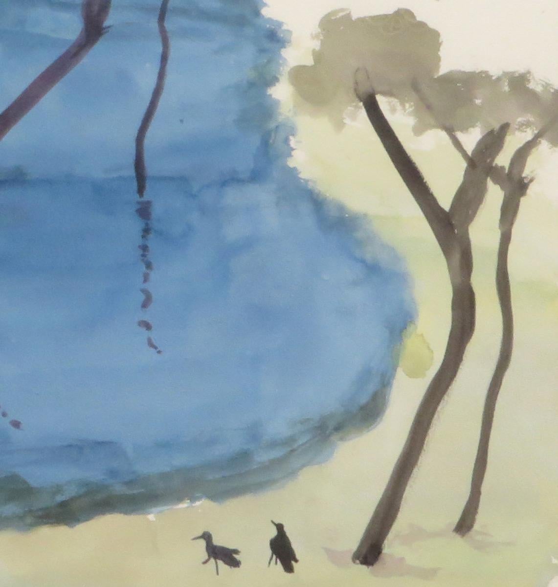 Landschaft, Bäume, Teich, Aquarell auf Papier, Blau, Grün, Braun Farben, „Auf Lager“ (Moderne), Painting, von Kartick Chandra Pyne