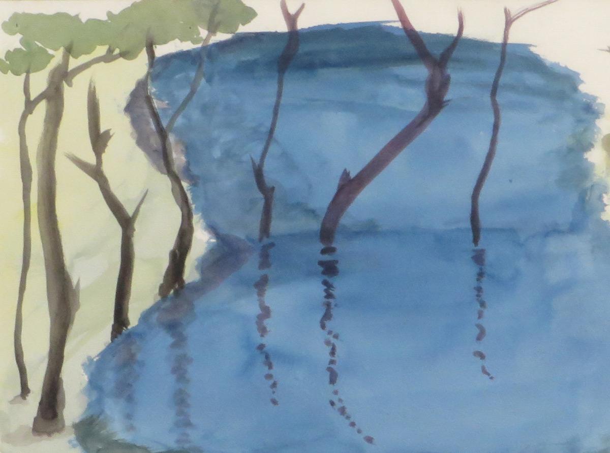 Paysage, arbres, étang, aquarelle sur papier, bleu, vert, marron, couleurs « en stock » en vente 2