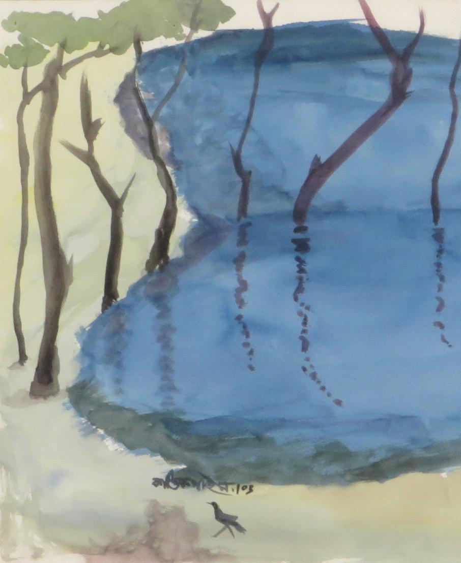 Landschaft, Bäume, Teich, Aquarell auf Papier, Blau, Grün, Braun Farben, „Auf Lager“ (Grau), Landscape Painting, von Kartick Chandra Pyne