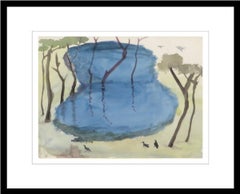 Landschaft, Bäume, Teich, Aquarell auf Papier, Blau, Grün, Braun Farben, „Auf Lager“