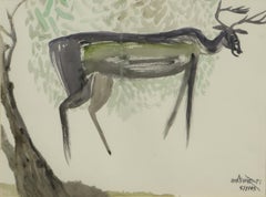 Untitled, Deer, Watercolor on Paper, Brown, Green Colors by K. C. Pyne"In Stock"