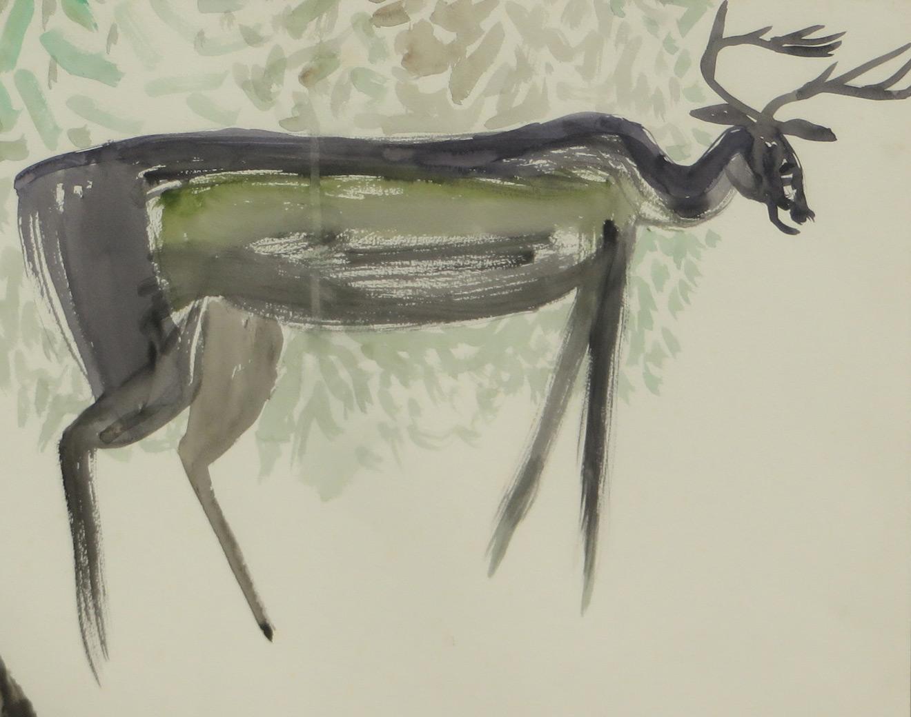 Untitled, Deer, Watercolor on Paper, Brown, Green Colors by K. C. Pyne