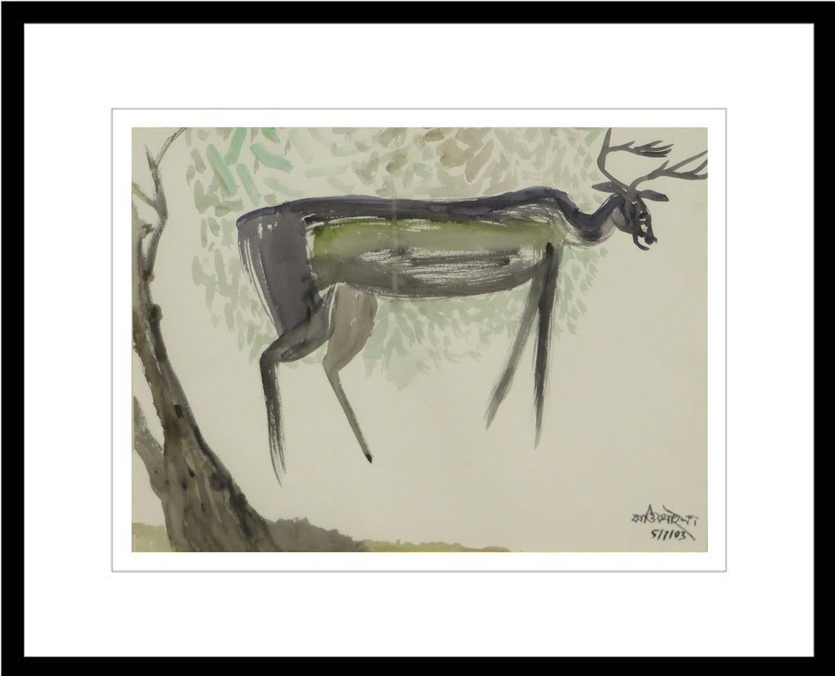 Kartick Chandra Pyne Animal Painting - Untitled, Deer, Watercolor on Paper, Brown, Green Colors by K. C. Pyne"In Stock"
