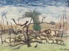 Landscape, Crow, Watercolor on paper, Blue, Green, Brown Colors "In Stock"