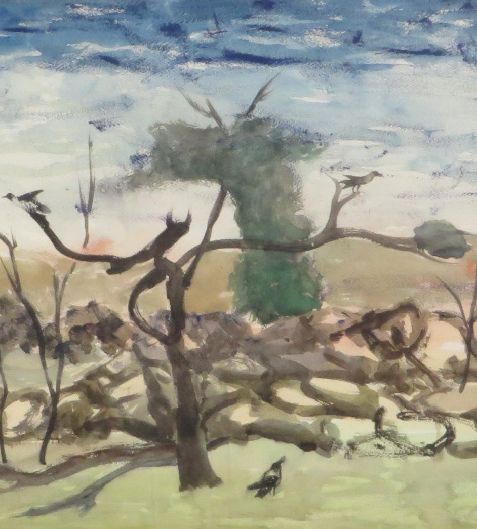 Landschaft, Crow, Aquarell auf Papier, Blau, Grün, Braun Farben „ “Auf Lager““ im Angebot 1