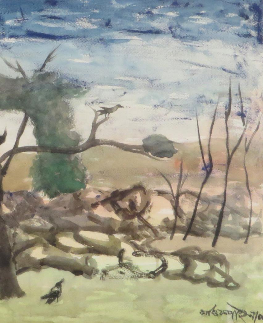 Landscape, Crow, Watercolor on paper, Blue, Green, Brown Colors 