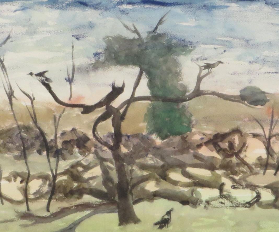 Landscape, Crow, Watercolor on paper, Blue, Green, Brown Colors 