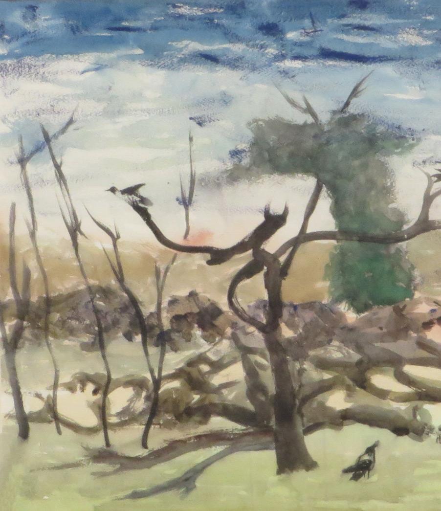 Paysage, Crow, Aquarelle sur papier, Bleu, Vert, Brun Couleurs « en stock » - Gris Landscape Painting par Kartick Chandra Pyne